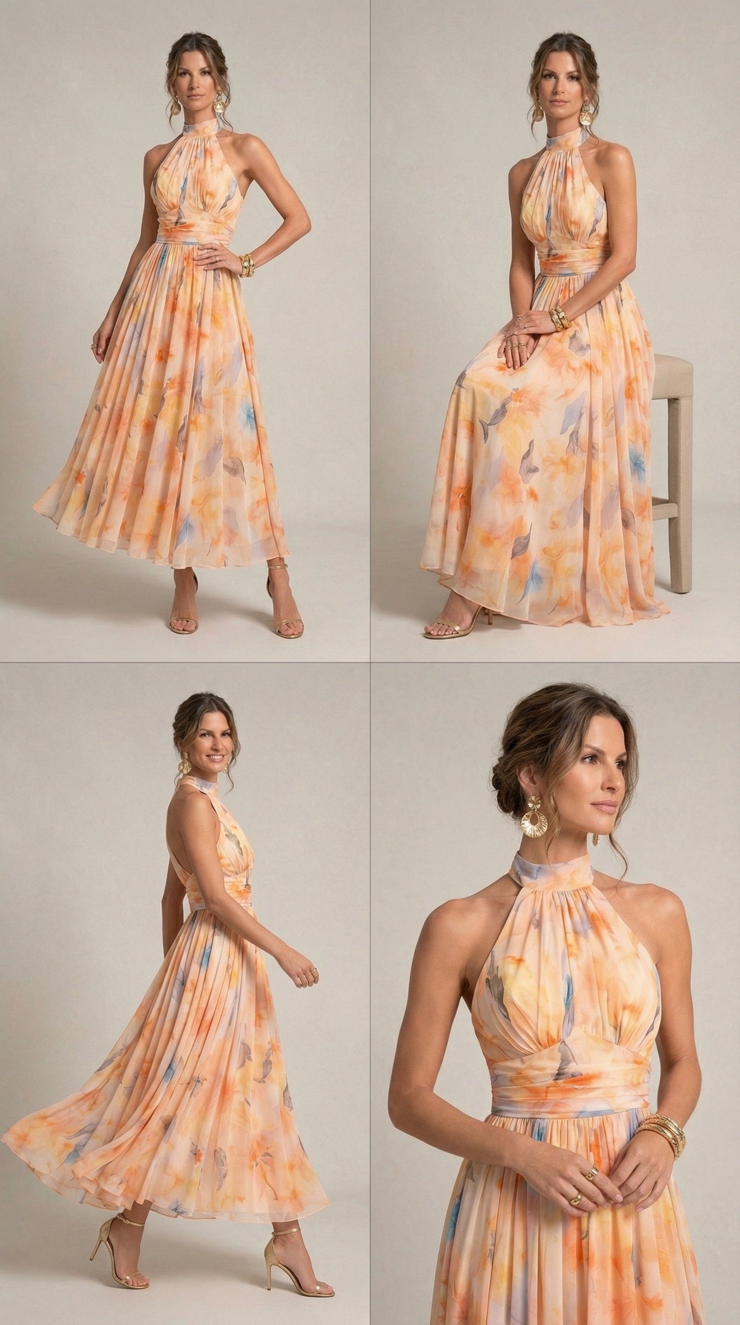 Esther™ | Watercolour Print Halter Neck Dress