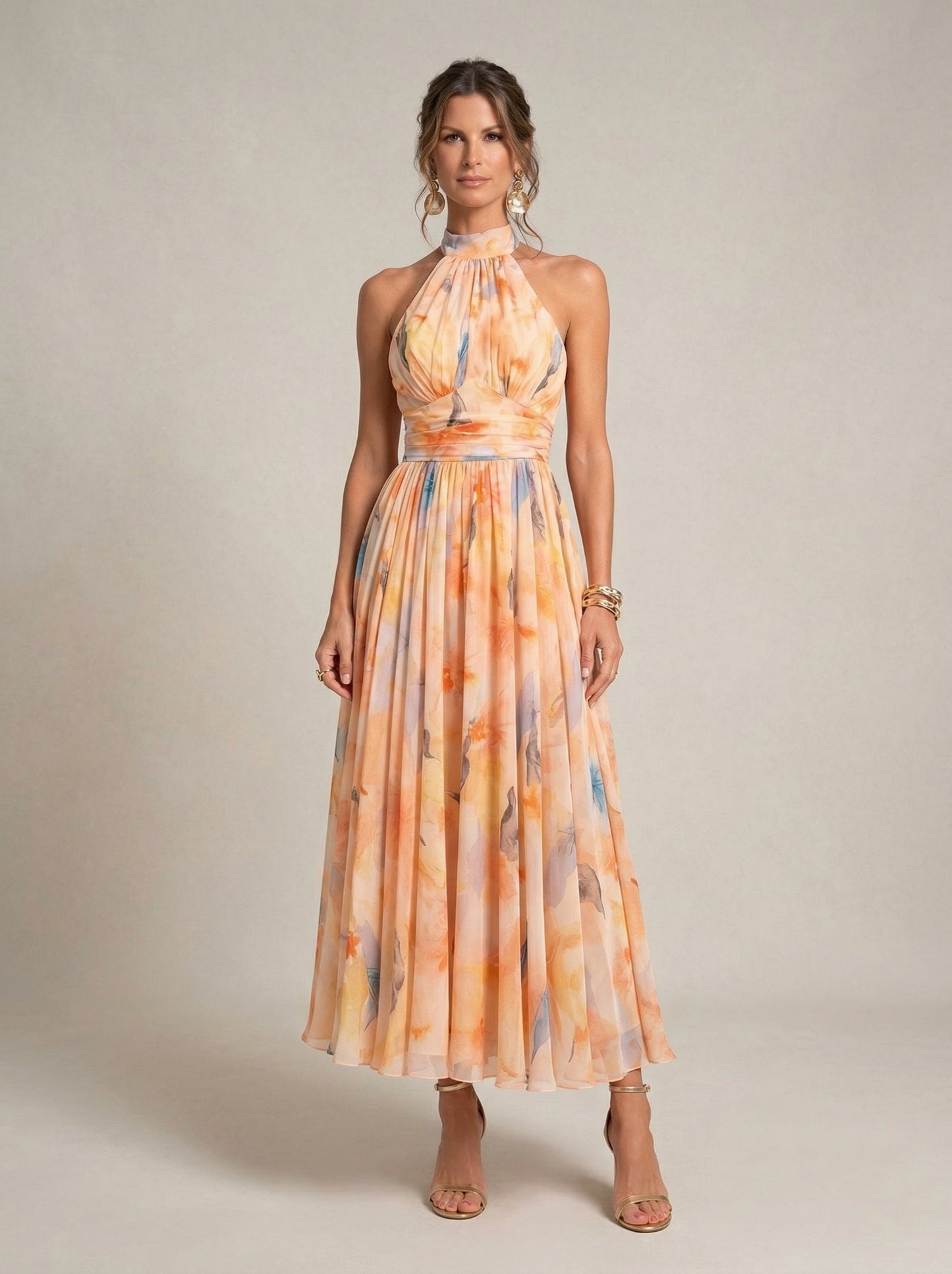 Esther™ | Watercolour Print Halter Neck Dress
