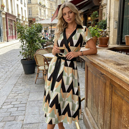 Rita | Geometric Midi Dress with V-Neckline