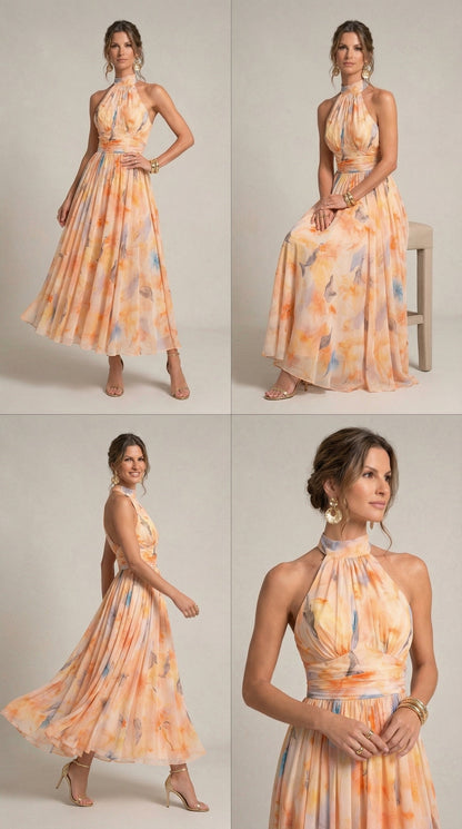 Esther™ | Watercolour Print Halter Neck Dress