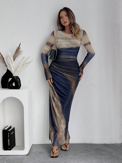 TORINA™ - Comfy Printed Long Sleeve Round Neck Bodycon Maxi Dress