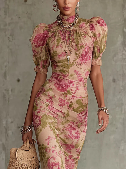 Fiora - Long dress with vintage rose print and puff sleeves