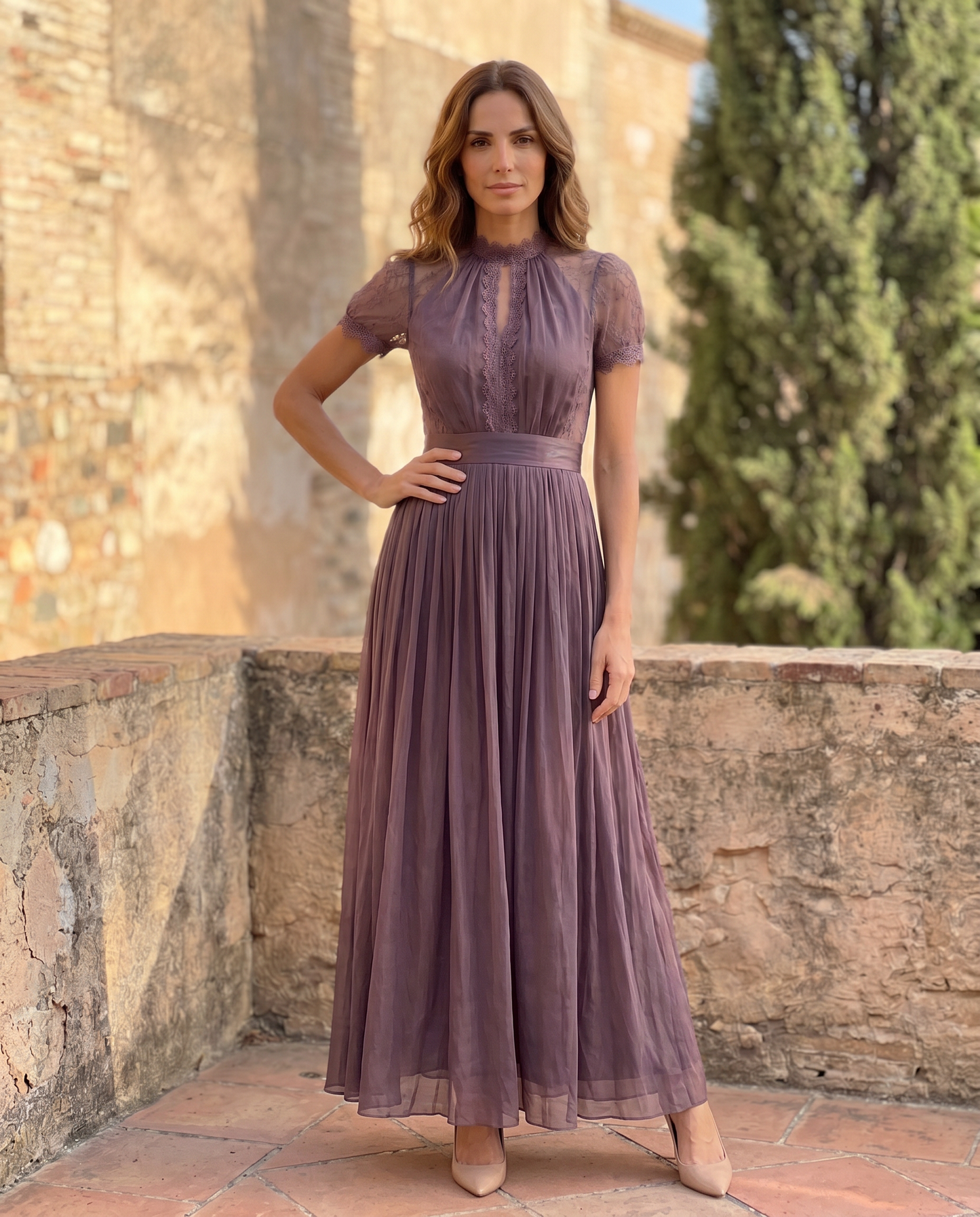 Flavia | Purple Maxi Dress with Keyhole Neckline and Chiffon Lace Trim